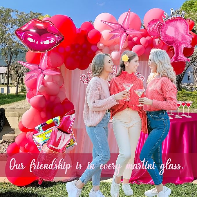 Pink Red Balloon Garland Arch Kit 108 Pcs with Foil Star Lip Balloons for Girl woman birthday Mother's Day Valentine galentines Bridal Shower Engagement Wedding theme party decorations