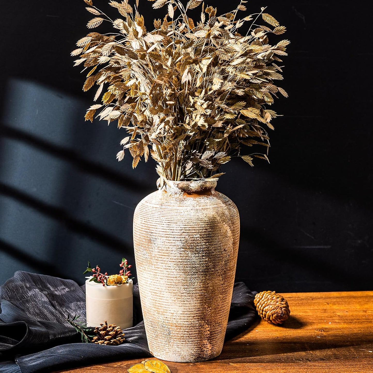 Rustic Ceramic Flower Vase, Small Decorative Terracotta Boho Vase for Living Room, Table Centerpiece, Shelf Decor, Farmhouse, Entryway - 11 Inch Tall, Vintage Gray