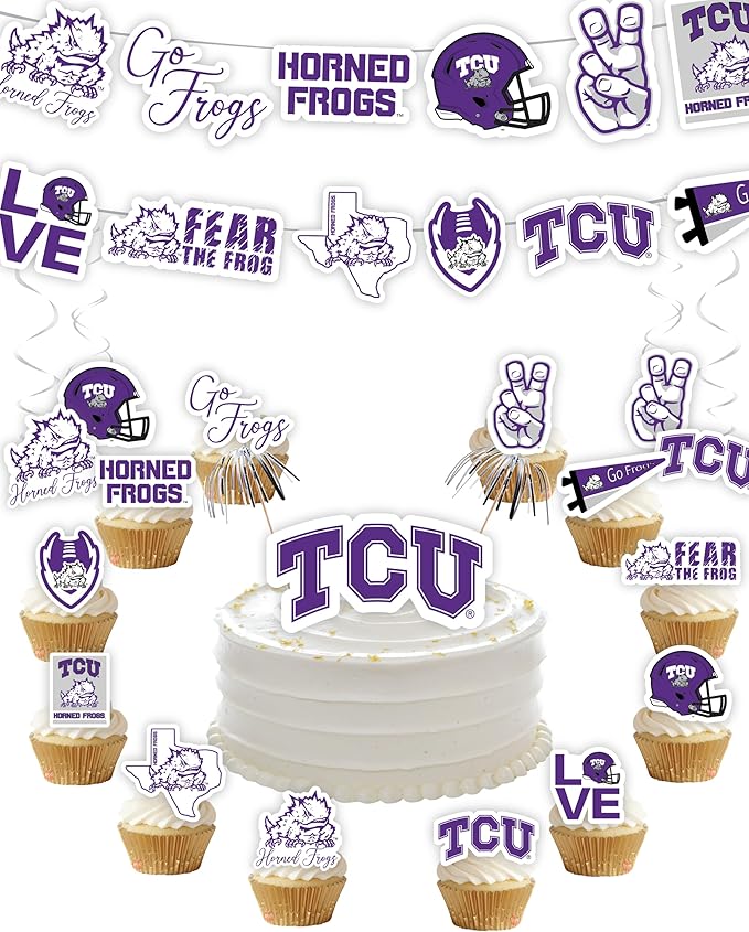 TCU Party Supplies for Football, Birthday Gift, Graduation Party Banner and Cake Toppers (42 Pieces) (TCU Horned Frogs)