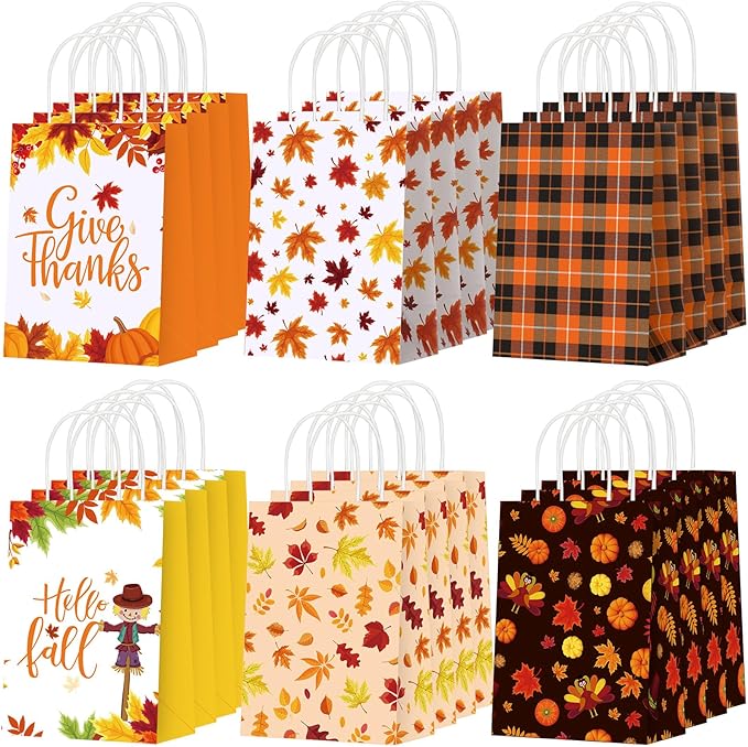 Resholder 30 Pcs Thanksgiving Paper Gift Bags with Handles Fall Pumpkins Maple Leaves Treat Bags Autumn Harvest Candy Goodie Bag for Fall Thanksgiving Party Favors Supplies