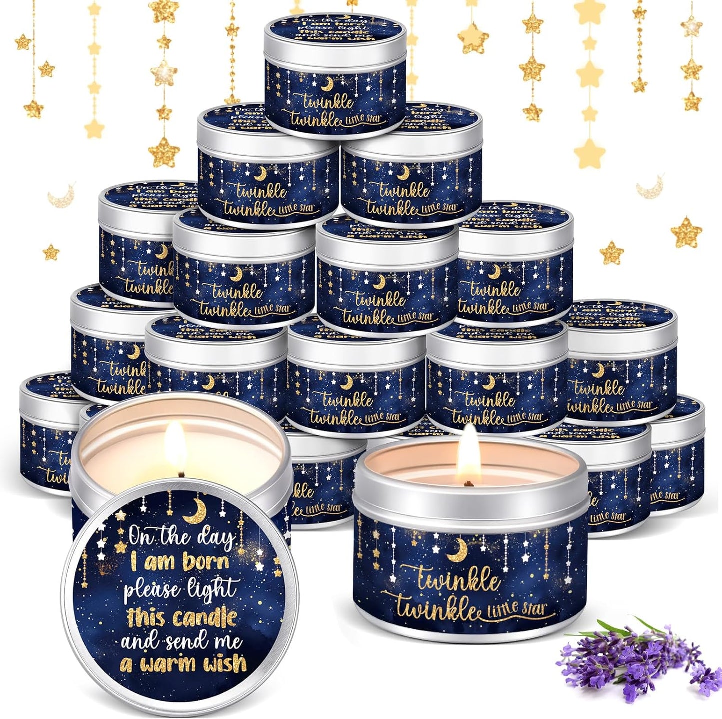 MTLEE 24 Pcs Twinkle Little Star Baby Shower Party Favors Candles Lavender Scented Baby Shower Favors for Guests Rustic Tealights Candles Gender Reveal Return Gifts Girl Boy(1.2 Oz, Blue)