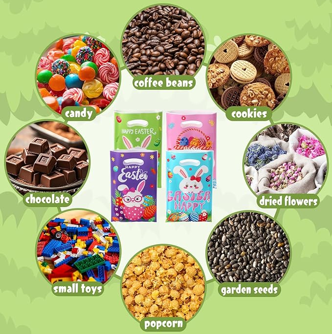 Easter Gift Bags with Handles, 100Pcs Colorful Bunny Treat Bags Bulk, Plastic Goody Candy Cookie Snack Tote Gift Bag for Happy Easters Egg Hunt Activity Spring Holidays Party Favor Supplies Decorations