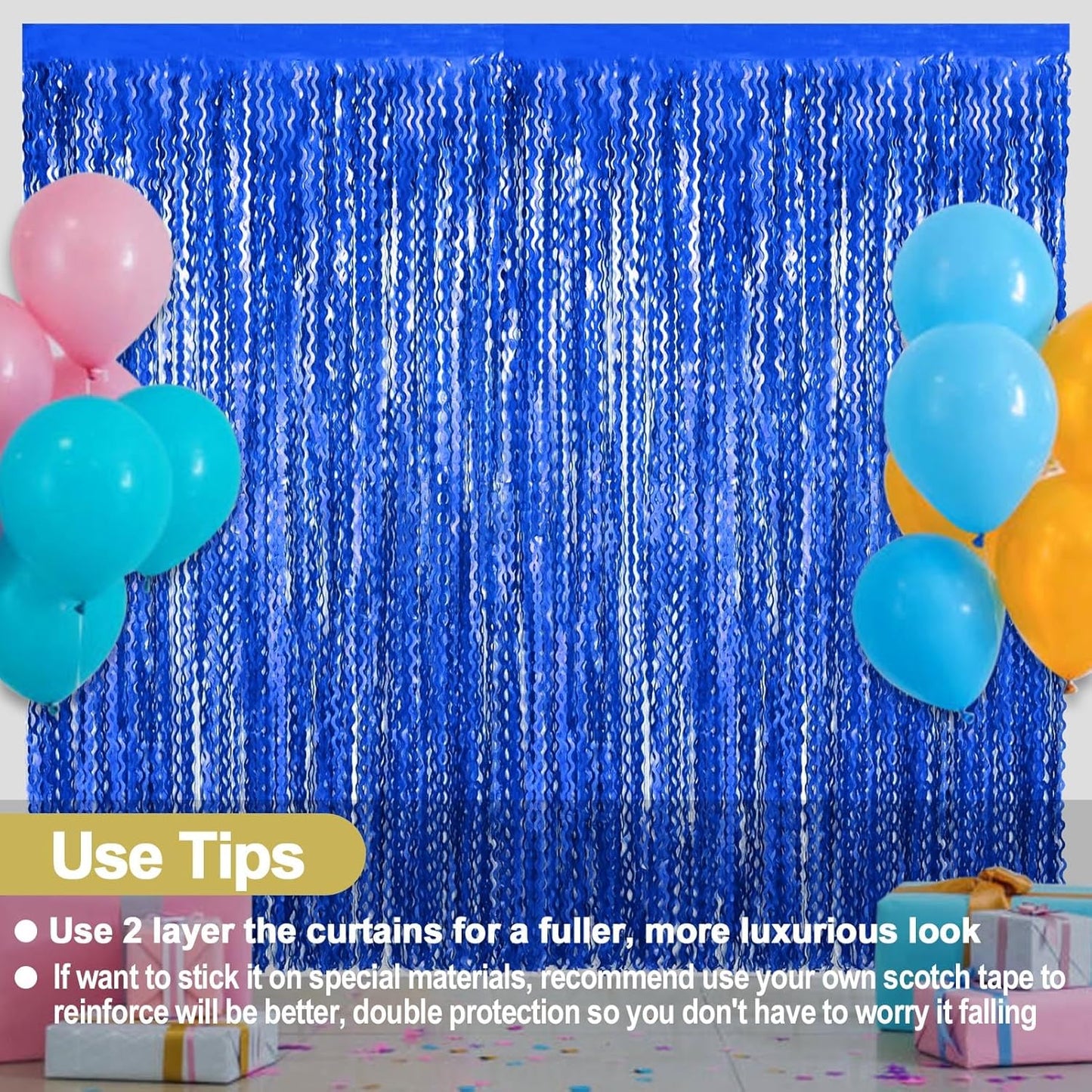 4 Pack Blue Fringe Curtain Backdrop 3.2Ft x 8.2Ft Metallic Tinsel Foil Fringe Streamers Background for Photo Booth Mother's Day, Easter, Carnival, Birthday, Wedding Party Decoration