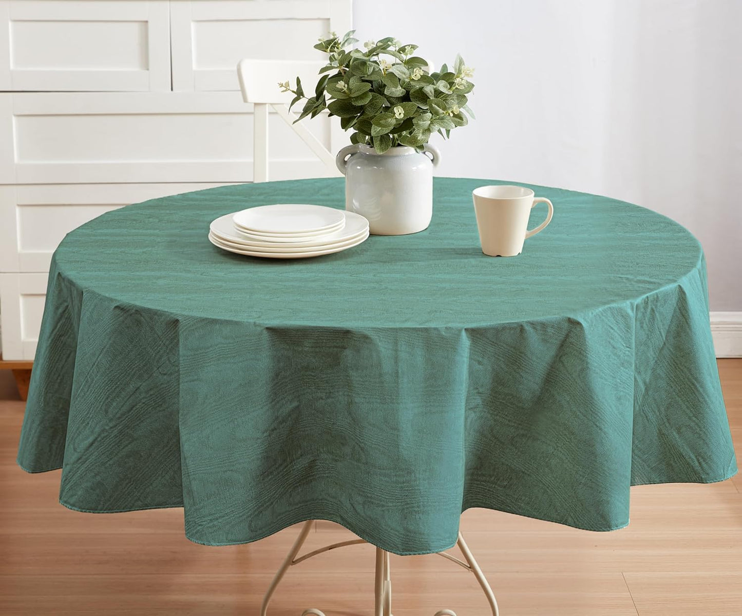 Newbridge Vinyl Flannel Backed Tablecloth, 60 x 84 Inch Oval, Hunter Green Moire Wavy Solid Design, Heavyweight Indoor Outdoor Waterproof Table Cover, Easy Care Wipe Clean