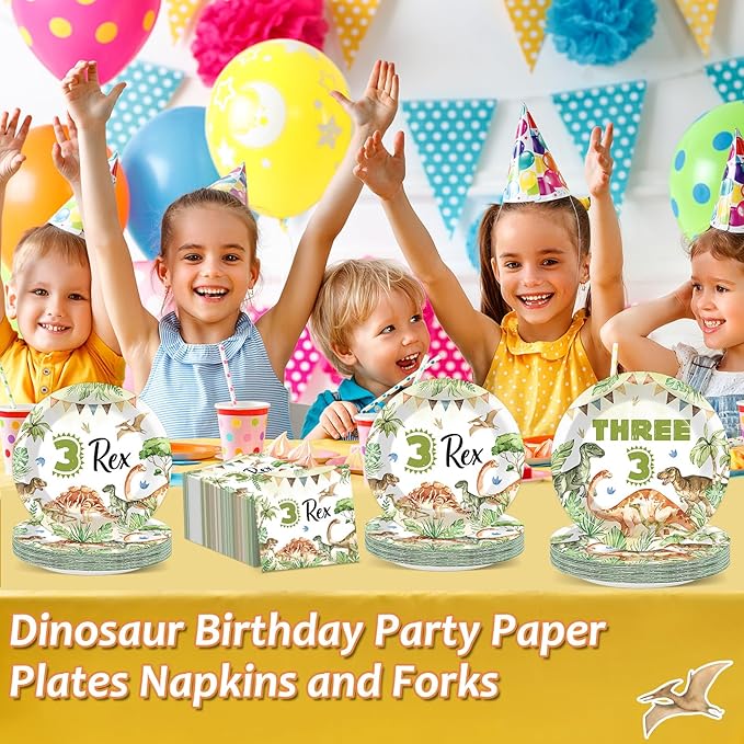 96PCS Dinosaur 3rd Birthday Party Paper Plates and Napkins and Forks Set Watercolor Dino Rex Tableware Set Three Rex Theme Dinnerware Paper Plates for Kids Birthday Gatherings Decorations