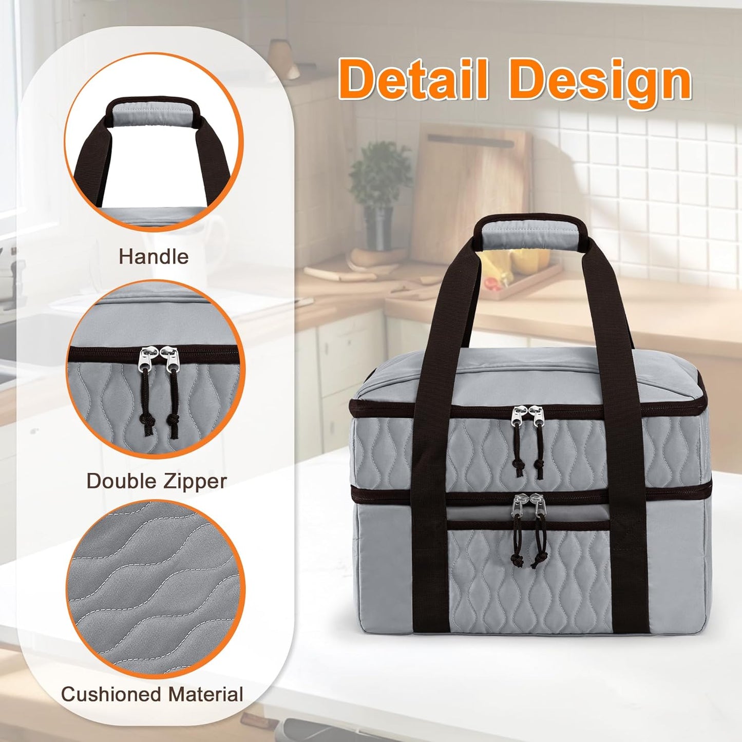 Trunab Insulated Casserole Carrier Bag for Hot Food, Double Deck Food Containers, Fit 9x13 Foil Pan, Baking Dish, For Picnic Cookouts, Potluck Parties, Beach