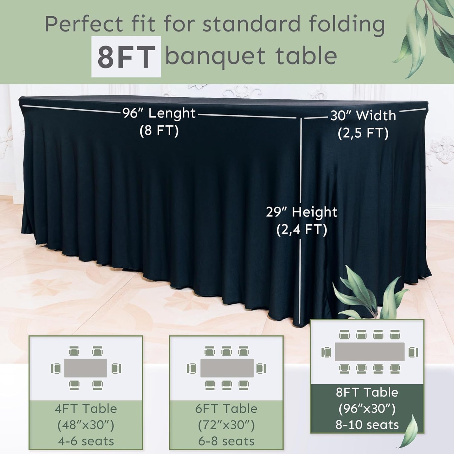 2 Pack Table Skirt for Rectangular Tables 8ft - Wedding Spandex Tables Cover for Standard 8 Foot Table - One Piece Fitted Elastic Tablecloth - Great for Party, Event, Trade Show (Pack of 2, Black 8ft)
