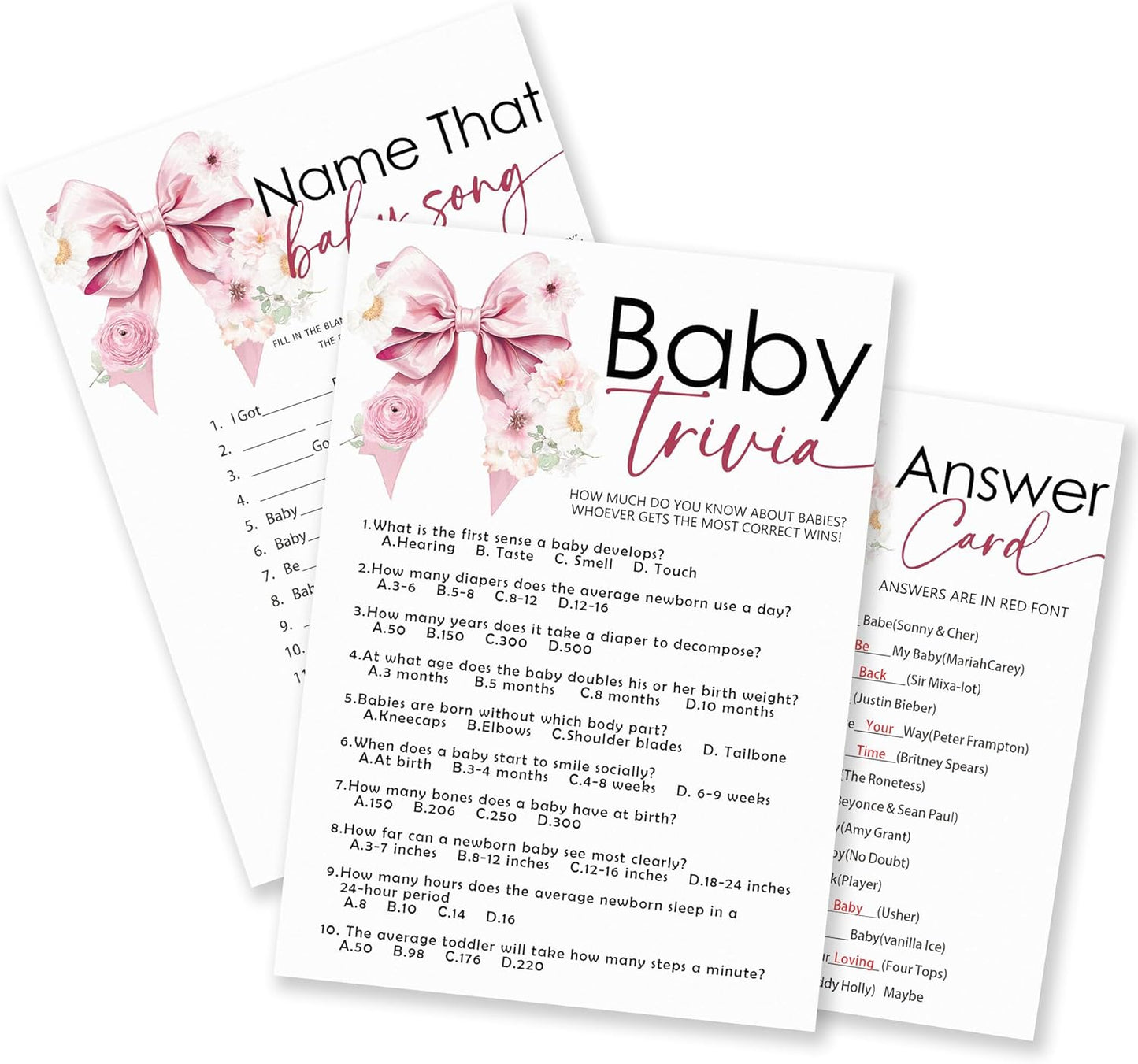 Name That Baby Song & Trivia Theme Baby Shower Game Activities-30 Pink Bow & Floral Double-Sided Game Cards(5’’x7 ’’) & 1 Answer Card(4’’x6’’) For Boys & Girls-Gender Natural Decor & Supplies-A02