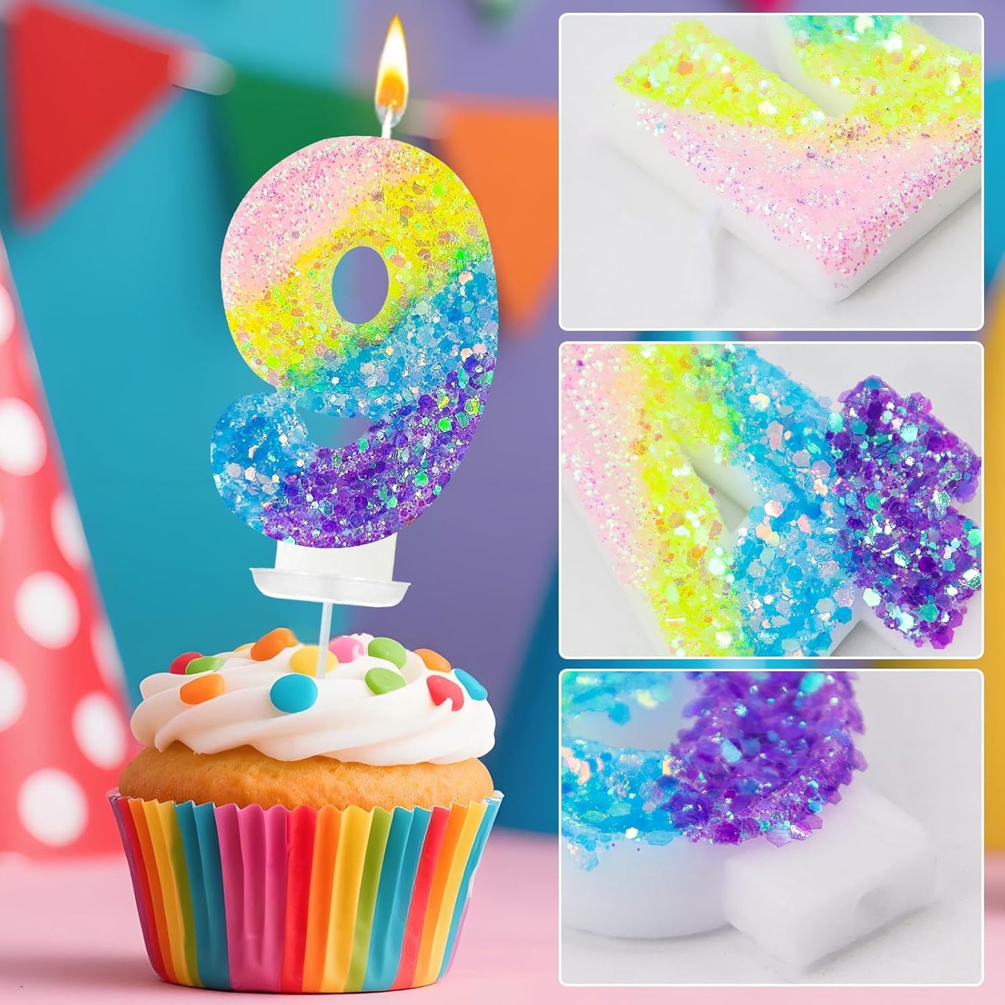 Birthday Candles Pastel Macaron Glitter 3D Rainbow Number Candles for Birthday Cake Girls Women Sweet Theme Birthday Wedding Anniversary Party Cake Decoration (Number 9)