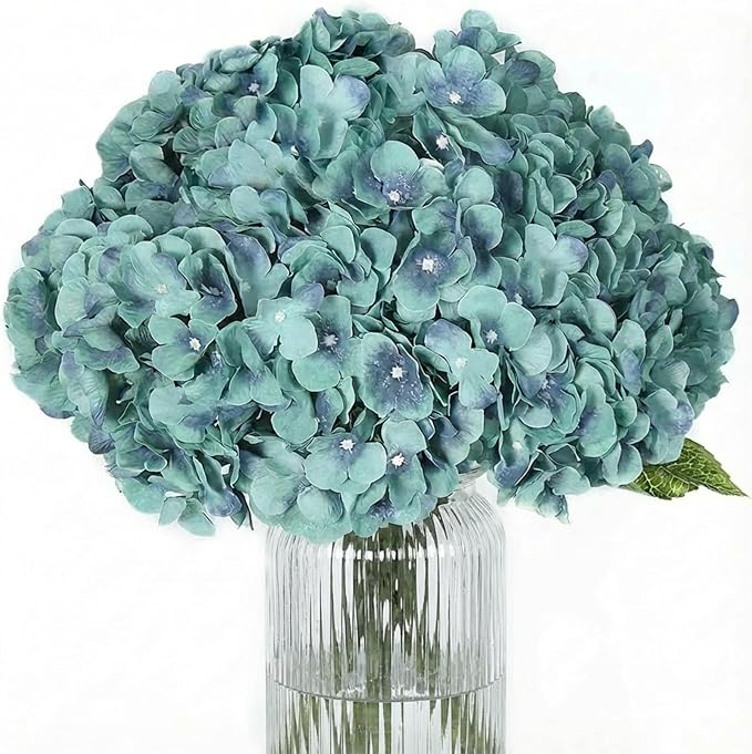 2Bouquets Artificial Fake Flowers Plants Silk Hydrangea Arrangements Wedding Bouquets Decorations Plastic Floral Home Kitchen Garden Party Festival Bar DIY (Acid Blue,5Flower Heads)
