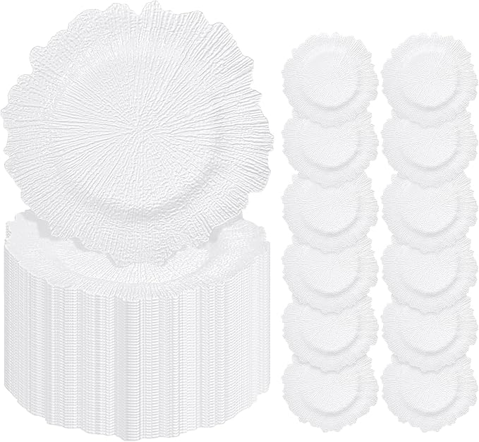 Pesonlook 100Pcs White Charger Plates Round 13inch, Reef Plate Chargers for Dinner, Bulk Plastic Floral Table Charger Plates for Dinner Wedding Party Event Table Setting Decoration(White)