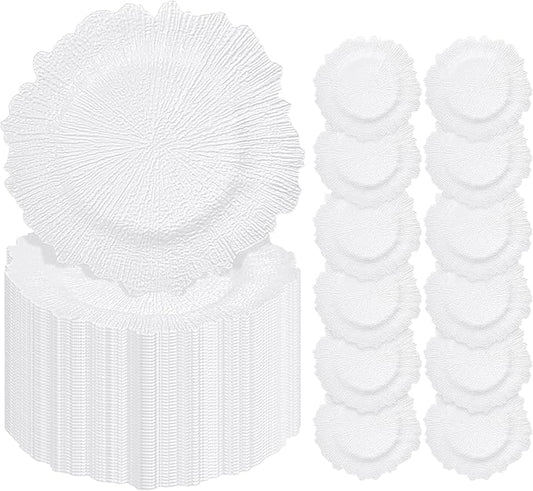 Pesonlook 100Pcs White Charger Plates Round 13inch, Reef Plate Chargers for Dinner, Bulk Plastic Floral Table Charger Plates for Dinner Wedding Party Event Table Setting Decoration(White)