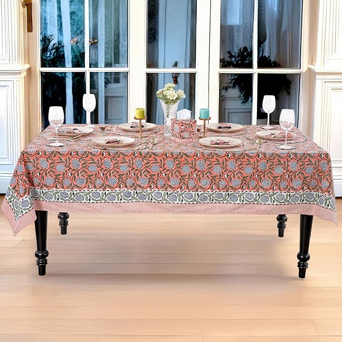 Ridhi Hand Block Print Dark Salmon Pink Rectangle Cotton Tablecloth 90" x 60" Reusable Table Cover Decorative Everyday Use for Dining, Farmhouse, Home Gift for Spring, Easter, Valentine