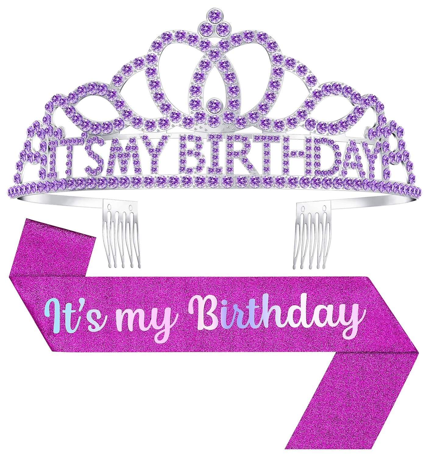 Birthday Tiara and Crown with Sash, Birthday Tiara for Women Party Purple