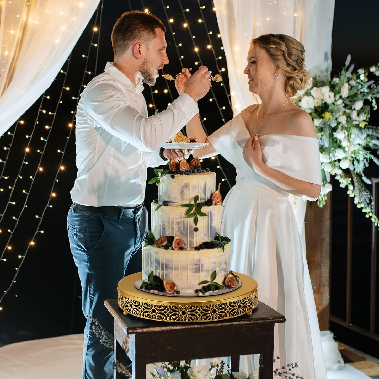 Wenqik 14 Inch Gold Cake Stand Metal Round Cake Stands Set Dessert Display Cupcake Stands Plates for Wedding Brithday Party Celebration