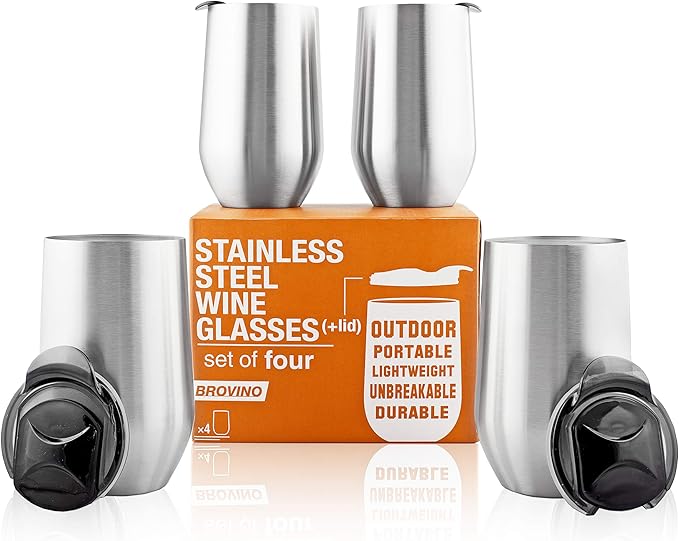 Stainless Steel Wine Glasses with Lid - Set of 4-17 oz Double Wall Insulated Outdoor Wine Tumblers - 100% Unbreakable & Stemless Glass - Wine Tumbler Set for Outdoor : Wine, Coffee & Camping