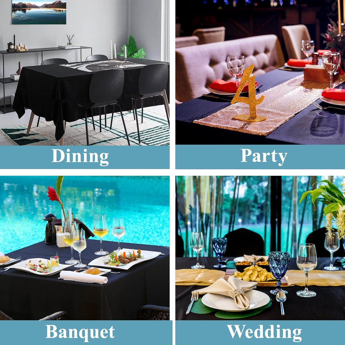 VidaFete 2 Pack 90*132inch Rectangle Tablecloth Polyester Table Cloth，Stain Resistant and Wrinkle Polyester Dining Table Cover for Kitchen Dinning Party Wedding Rectangular Tabletop Decoration(Black)