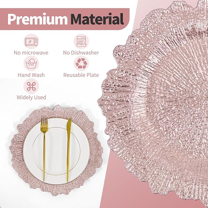 50 Pcs Rose Gold Charger Plates Bulk 13 Inch Plastic Charger Plates for Dinner Plate, Rose Gold Chargers for Table Setting, Reef Design Plate Floral Decorative Round Chargers for Wedding Party, Event