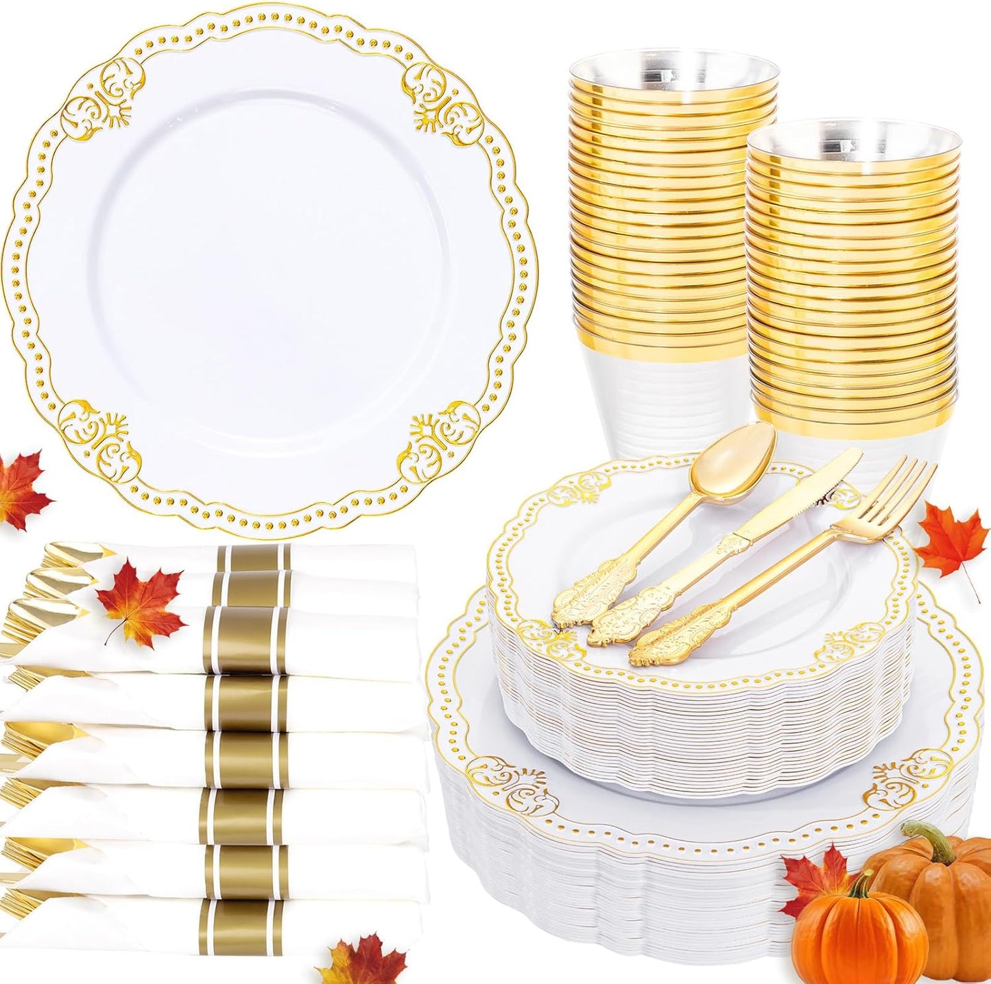 Ciaell 350 PCS Gold Plastic Plates - White and Gold Plates - Gold Disposable Plates Include 50 Disposable Plate, 150 Heavy Duty Silverware, 50 Cups, 50 Napkins for Wedding & Party & Thanksgiving