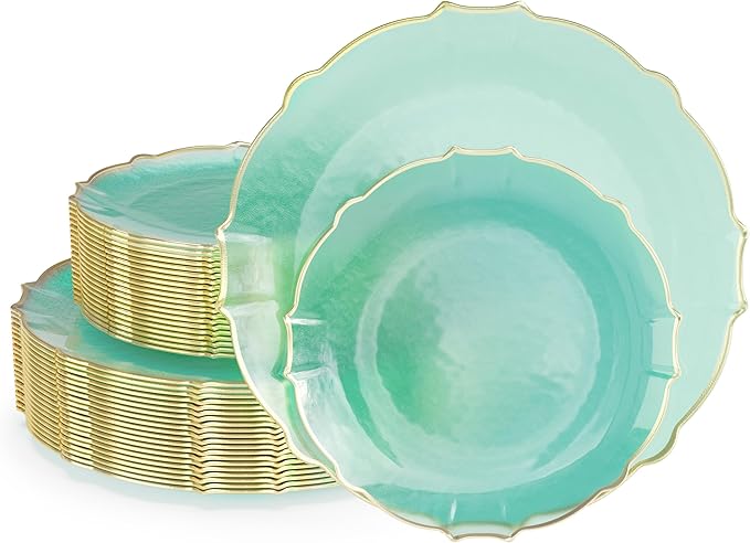 Exquisite Tinted Plates 40 Piece Plastic Disposable Plates for Party Set For 20 Guests 20 X 7.5 Dessert Plates & 20 X 10 Thin Delicate Fancy Plastic Plates Disposable Dinnerware Mint Gold Rim