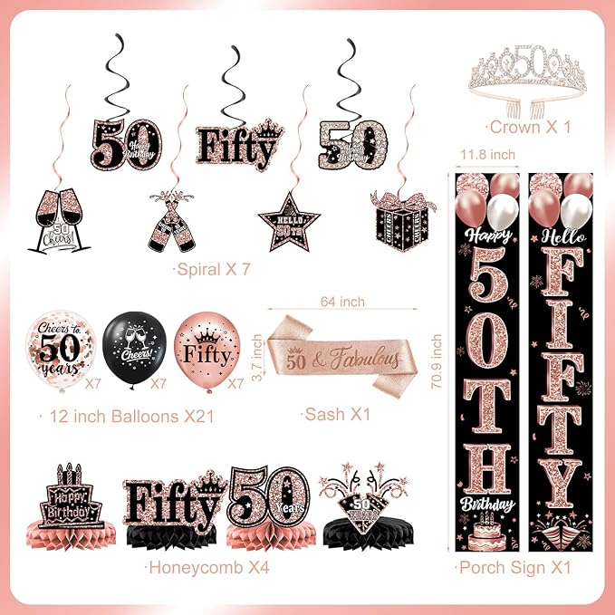 50th Birthday Decorations for Women, 38-Piece Black and Rose Gold 50 Years Old Party Supplies with Backdrop, Honeycomb Centerpieces, Banner, Hanging Swirls, Porch Banner, Balloons, Sash, Crown