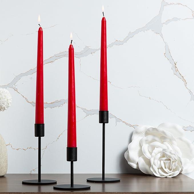 Bask 10-inch Taper Candles - Unscented and Dripless - Burns for 8 Hours - Home Decor for Dinner Table, Kitchen, and Bedroom - Perfect for a Romantic Date or Anniversary - 12-Pack - Red