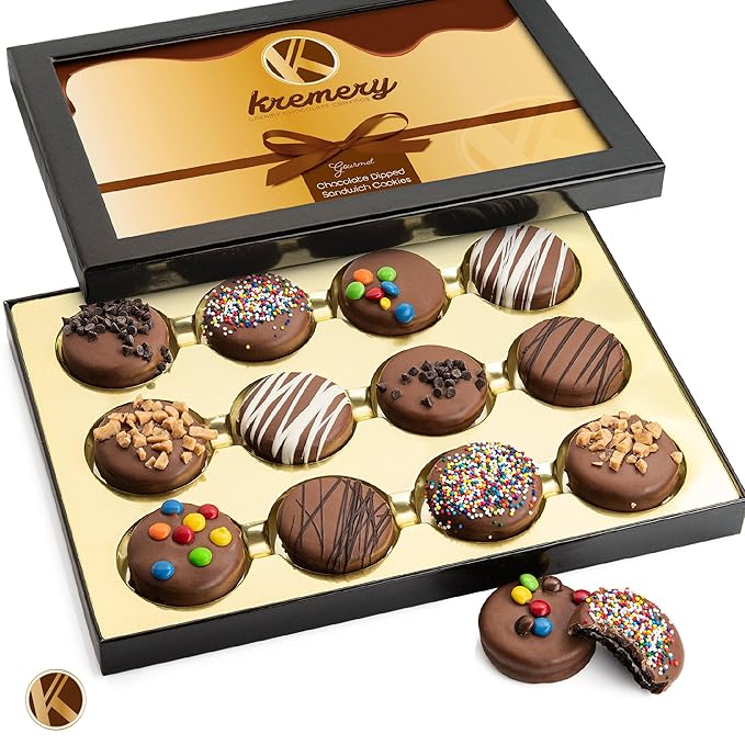 KREMERY Creamy Chocolate Cravings - Halloween Treats For Adults Chocolate Covered Sandwich Cookies & Cream Gift Basket, in Sectional Gift Box (12 Cookies, Assorted Sweet Toppings) Holiday Christmas
