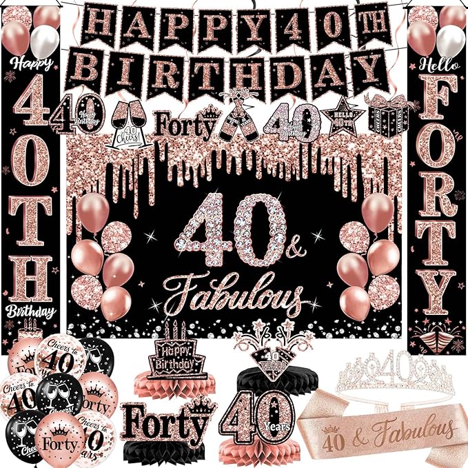 40th Birthday Decorations for Women, 38pcs Black Rose Gold Backdrop, Honeycomb Centerpieces, Banner, Hanging Swirls, Porch Banner, Balloons, Sash, Crown for 40 Years Old Birthday Decorations