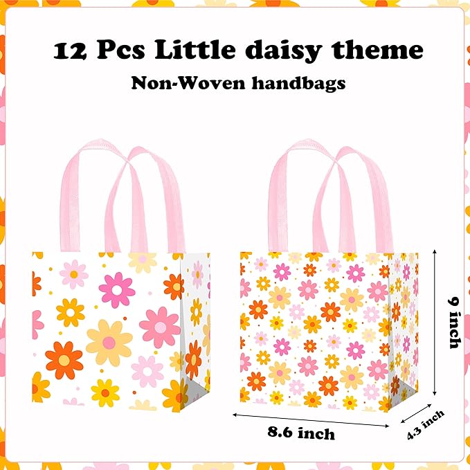 iPartyFun 12pcs Daisy Theme Gift Treat Bags with Handles Groovy Spring Flower Non-Woven Tote Bags 70s Groovy Hippie Chrysanthemum Daisy Decorations for Spring Summer Flower Birthday Wedding Supplies
