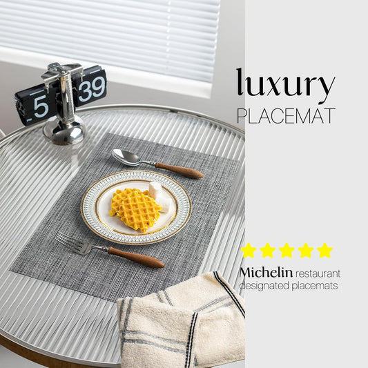 LEXMORE PlaceMats Set of 12 Vinyl/Plastic Woven Place Mats for Kitchen Table Indoor/Outdoor Washable PlaceMat Wipeable Dining Table Mats(Dark Gray)