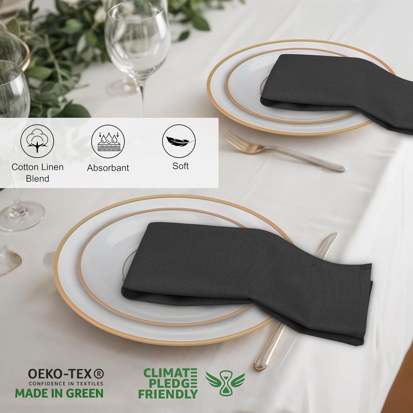 Ruvanti Linen Napkins Set of 12, 18x18 Cloth Napkins, Cotton Linen Blend Napkins Cloth Washable, Soft, Reusable Dinner Napkins for Wedding, Parties, Christmas, Thanksgiving, Everyday Use - Black