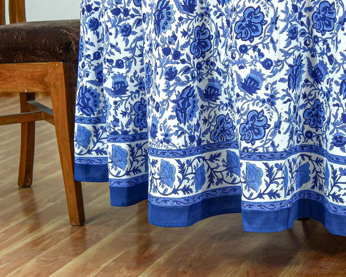60 Inches Round Hand Block Printed Cotton Tablecloth, Blue White Floral Table Cloths Washable, Indian Table Linen for Dinning Home Decor Autumn Outdoor Thanksgiving 4 Seater