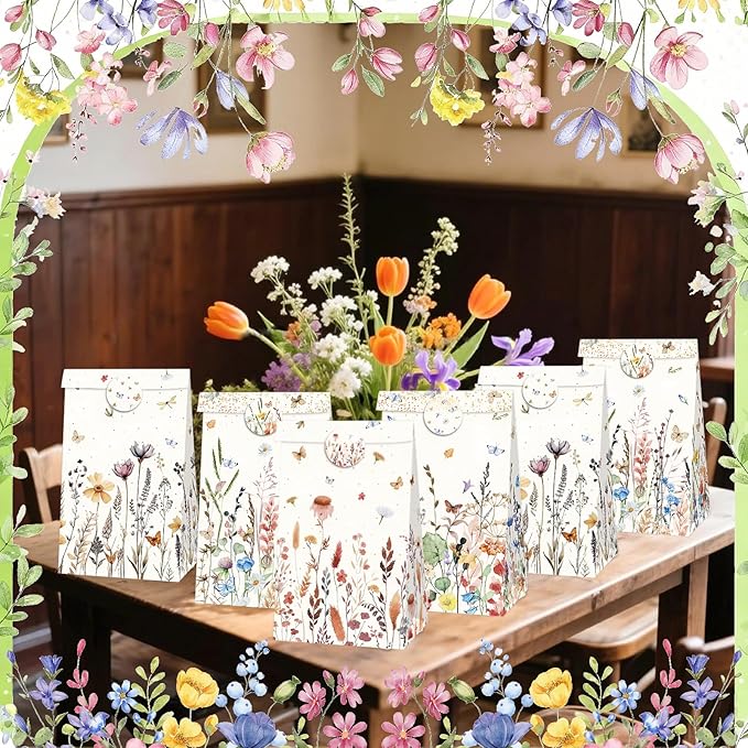 Inshinern Wildflower Party Favor Gift Bags Small Spring Floral Party Bags with Sticker Boho Theme Candy Goodie Bag for One Birthday Baby Shower Woodland Picnic Garden Tea Party Supplies (12Pcs)