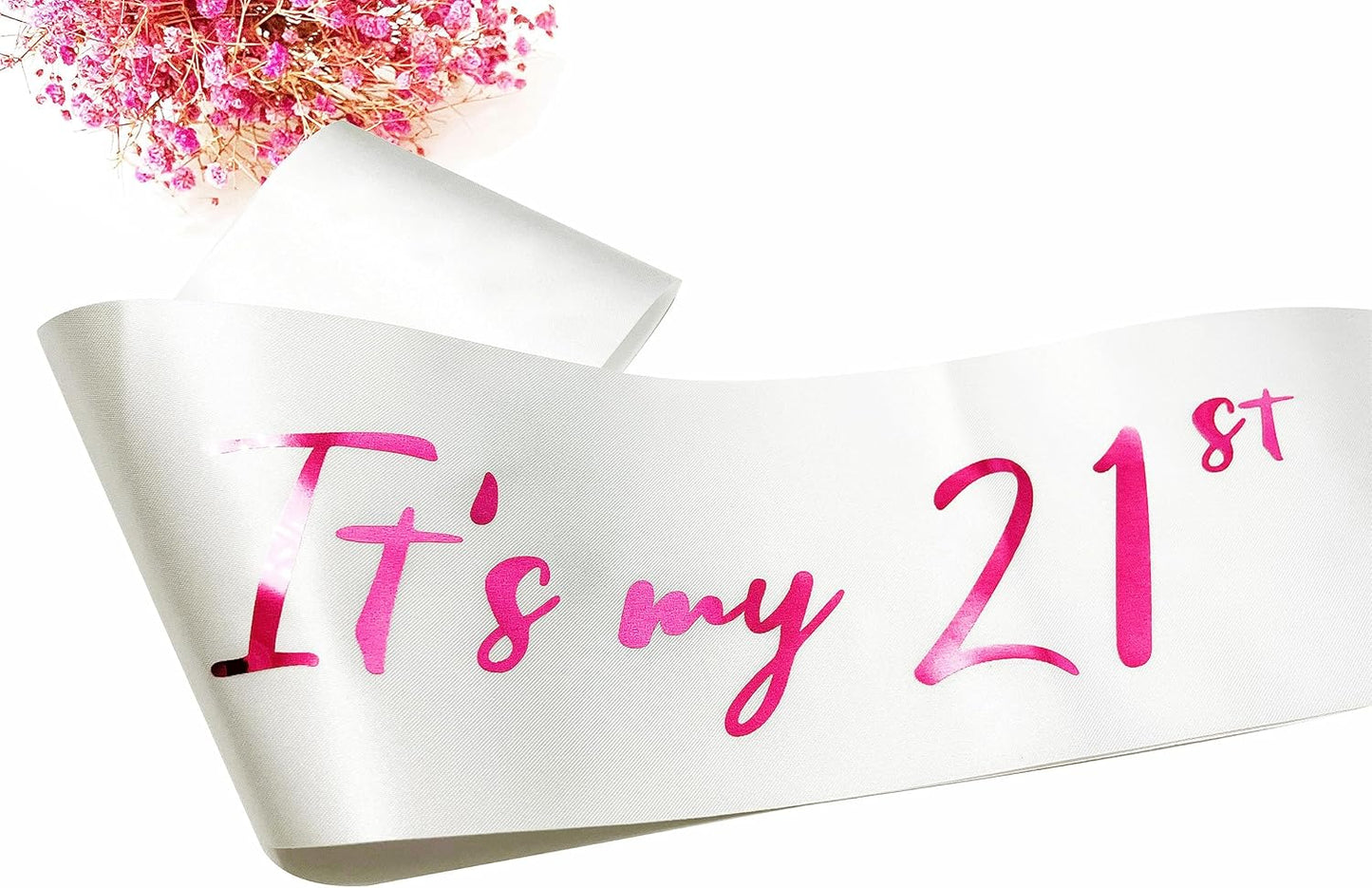 21st Birthday Sash, White Satin Soft Sashes with Pink Foil Letter, Birthday Decorations for Girls Happy 21st Birthday Party Favor Supplies, White Pink