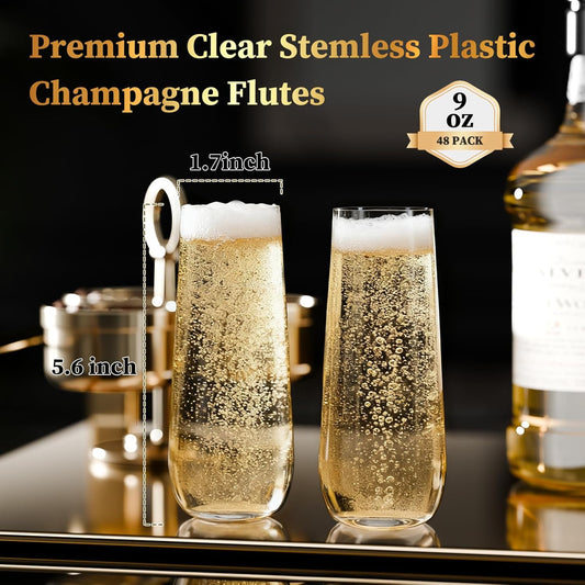 Guanqiao 48 Pack Stemless Plastic Champagne Flutes, 9 oz Clear Disposable Plastic Glasses, Heavy Duty Shatterproof Recyclable Mimosa Glasses for Party Wine Tasting Wedding New Years Eve Party Supplies