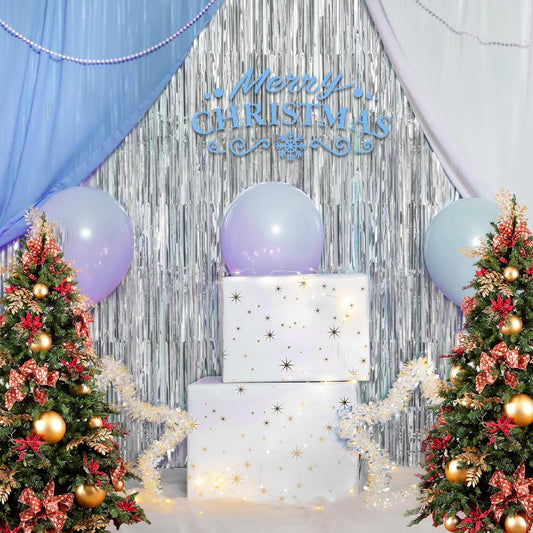 Accevo Silver Party Streamers 3Pack Metallic Tinsel Foil Fringe Curtains 3.2ft x 8.2ft Party Decorations for Photo Booth Photoshoot Birthday Bridal Shower Engagement Bachelorette Disco Party Decor