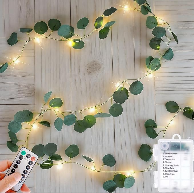 Vines with Lights Battery Operated, 20ft 60 LED Eucalyptus Garland String Lights with Remote, Leaf Lights for Bedroom, Room, Wall, Garden, Party, Wedding Decor (Warm White)