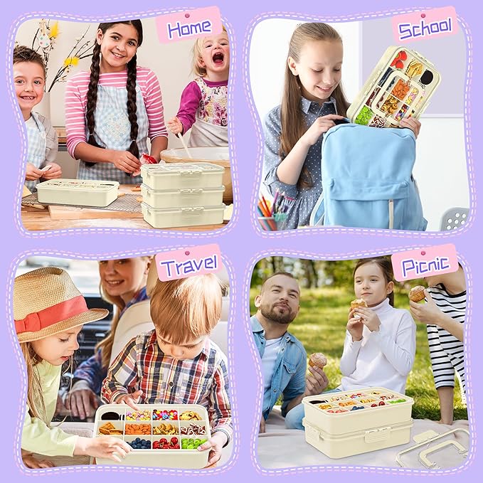 Snack Box Container for Kids - Adjustable 12-Compartment Snack Containers, Reusable Bento Box, Dishwasher Safe, BPA-Free, Perfect for School, Travel, Camping & Picnic, Ivory White