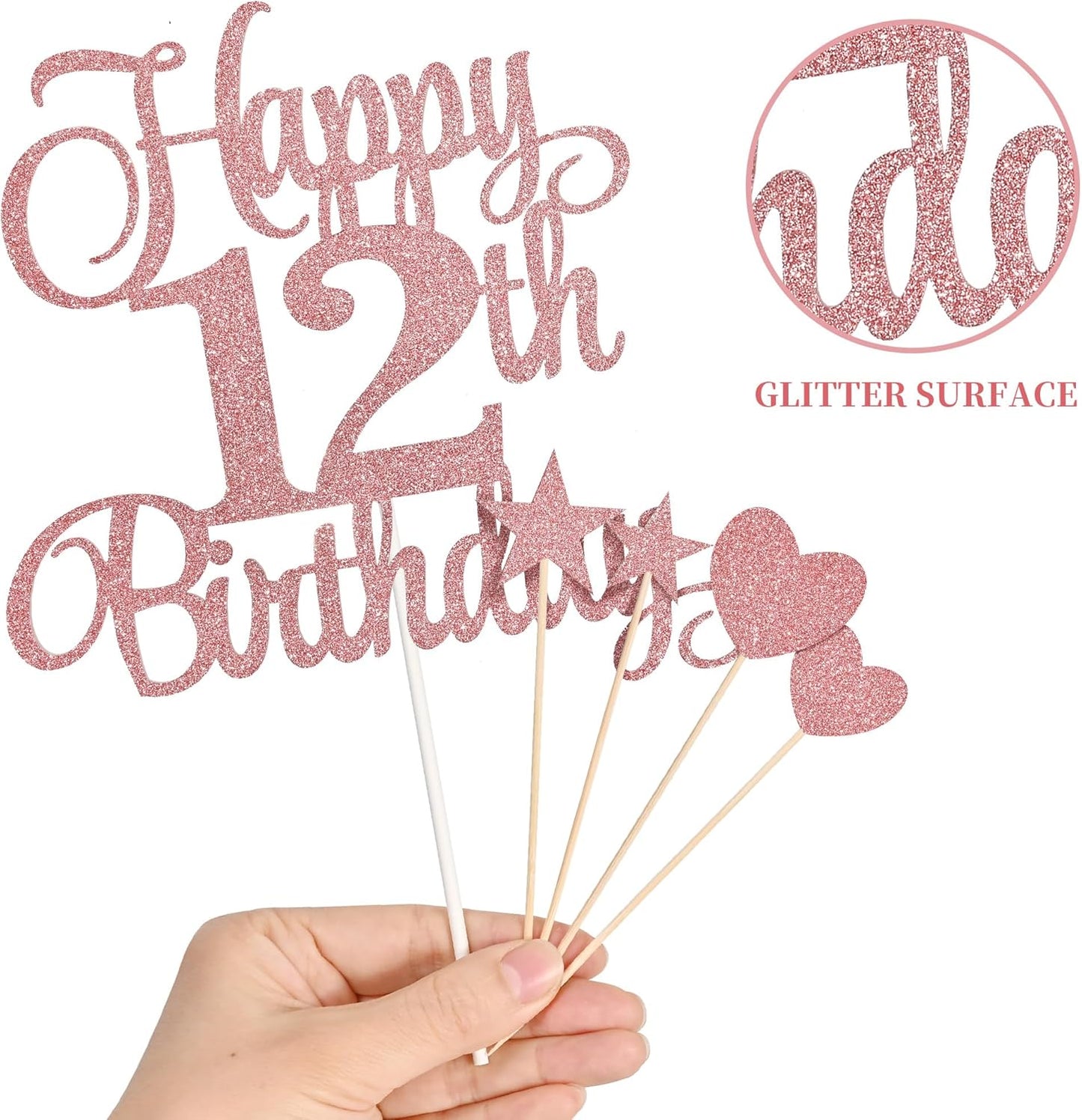 12th Birthday Cake Decorations, 12th Birthday Candles Cake Numeral Candles and Glitter Happy 12th Birthday Cake Toppers Set for Birthday Party Supplies (Rose Gold)