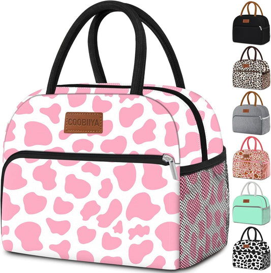 Coobiiya Lunch Bag Women, Lunch Box for Women Adult Men, Small Leak-proof Cute Lunch Tote Large Capacity Reusable Insulated Cooler Lunch Container for Work/Office/Picnic/Travel-Pink Cow