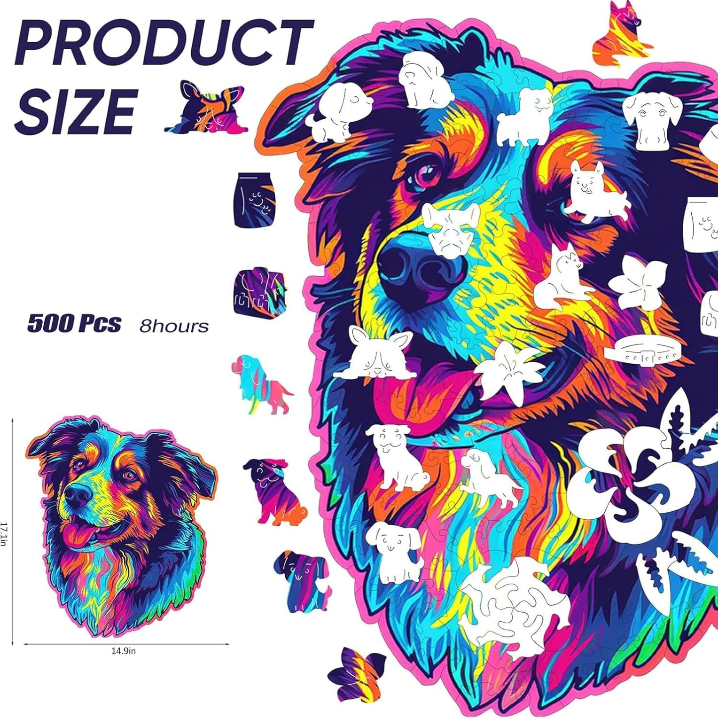 Reouinty Australian Shepherd Dogs Wooden Puzzle 500 Pieces Stained Colorful Art Painting Jigsaw Puzzle for Adults, Birthday Mother's Father's Day Christmas for Family Game (14.9 * 17.1 in)