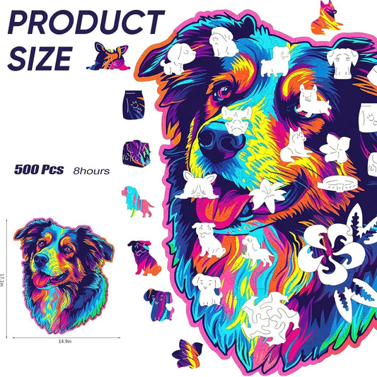 Reouinty Australian Shepherd Dogs Wooden Puzzle 500 Pieces Stained Colorful Art Painting Jigsaw Puzzle for Adults, Birthday Mother's Father's Day Christmas for Family Game (14.9 * 17.1 in)