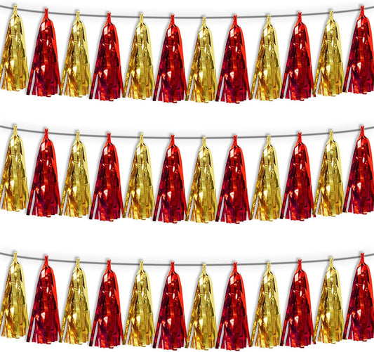 3P Red Gold Tassel Banner Garland Metallic Foil Fringe Banner Tinsel Tassels Streamer Banner Backdrop for Parade Floats Graduation Halloween, Christmas, Baby Bridal Shower Party Decorations