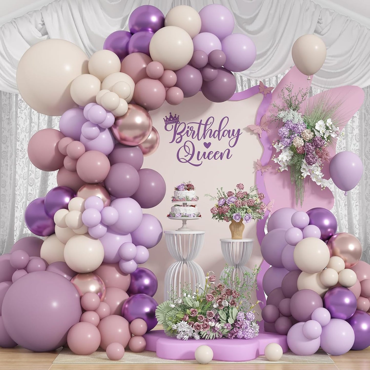 Dusty Purple Balloons Garland Arch Kit, Pink Purple Metallic Rose Gold Balloon, Lilac Retro Pink Sand White Balloon for Boho Baby Shower Bridal Wedding Birthday Mother's day Butterfly Party Decoration