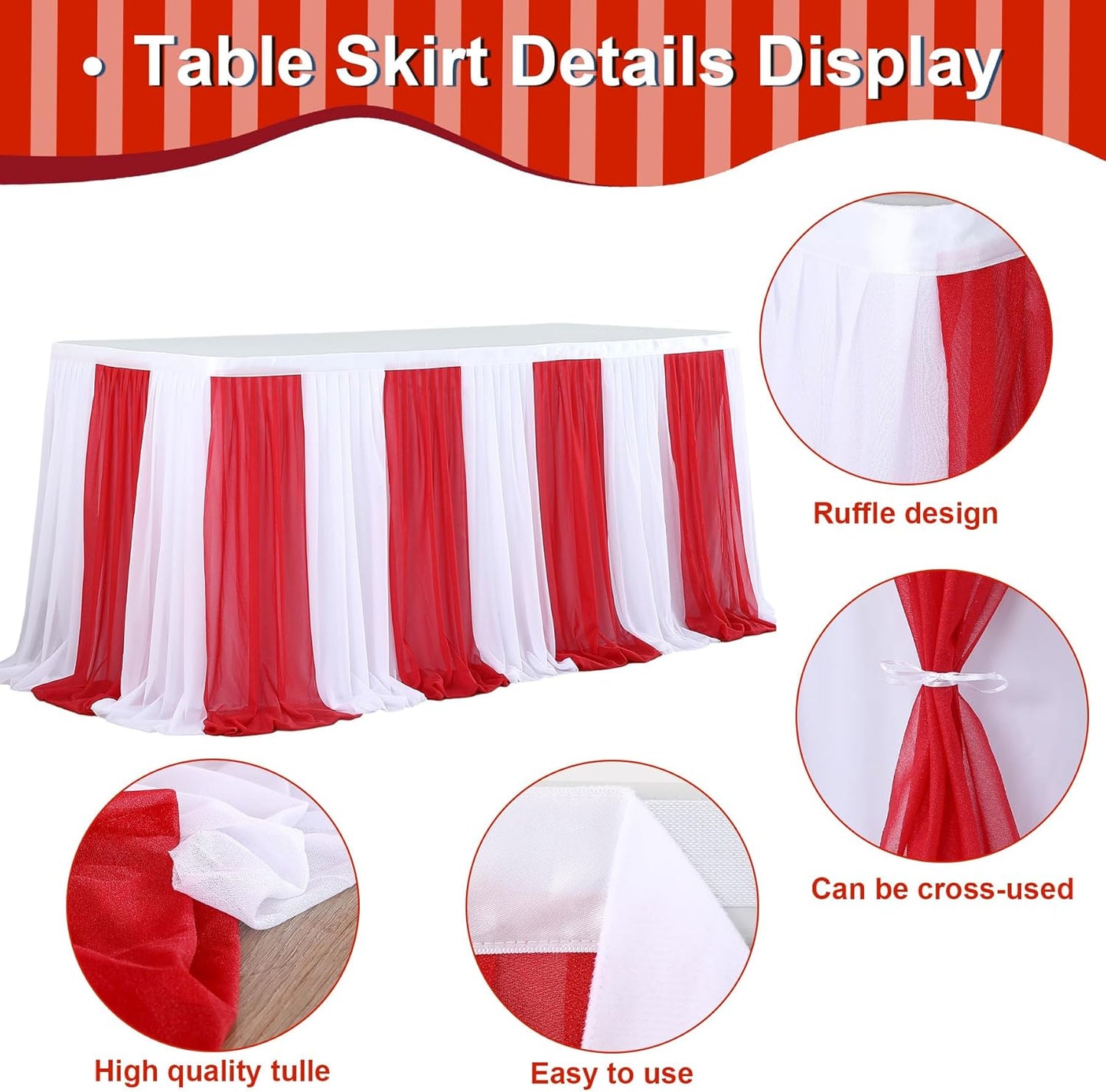Reb and White Striped Table Skirt for Carnival Circus Party Decorations 6ft Red White Tulle Tutu Table Cloths for Birthday Party Baby Shower Table Decorations