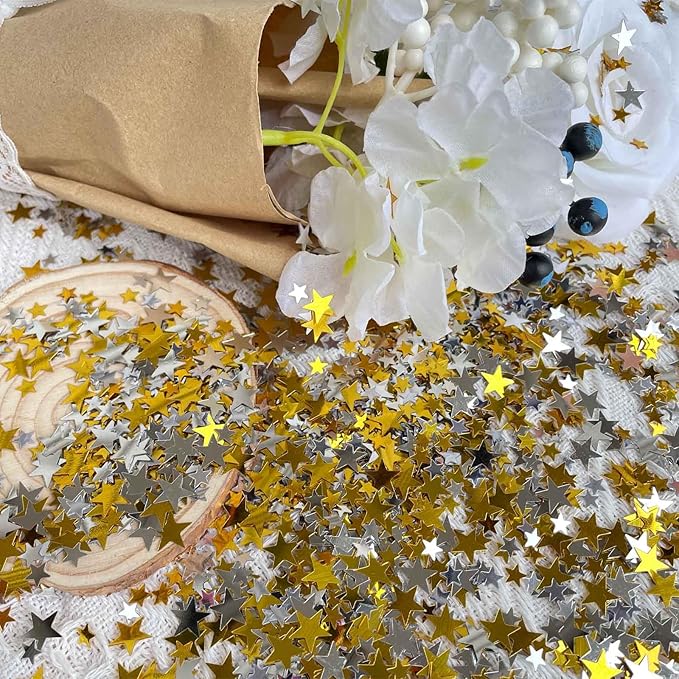 WEIKA 60g Star Confetti Glitter Star Table Confetti, Metallic Foil Star Glitter, Table Decorations for Party Wedding birthday graduation Decorations(Glitter Gold and Silver Set, 10mm and 6mm)