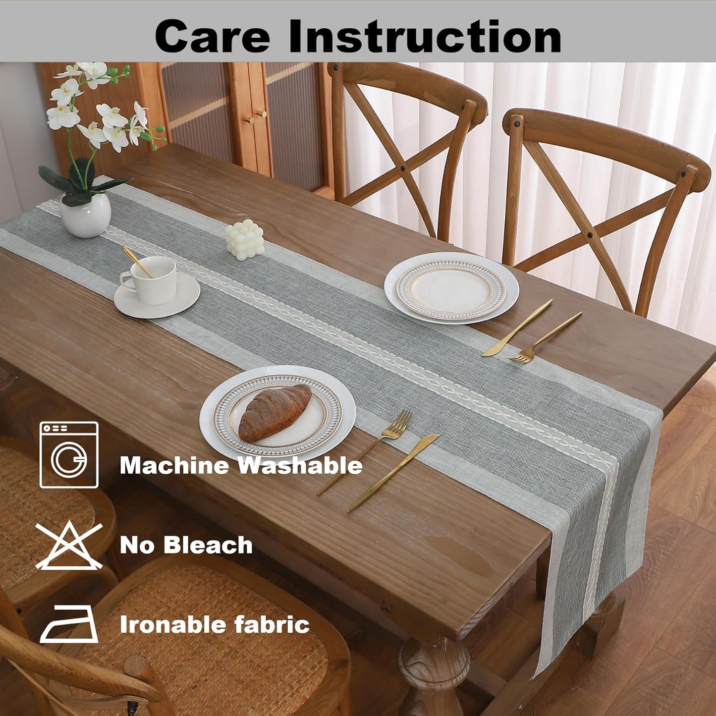 Gernaice 2PCS Boho Table Runner, Rustic Cotton Linen Farmhouse Table Runners for Dresser End Coffee Table Home Decor, 24" L X 13" W Grey