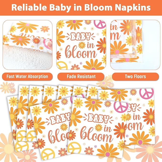 96Pcs Baby in Bloom Baby Shower Party Supplies Floral Shower Groovy Floral Paper Plates Napkins Hippie Party Decorations Boho Daisy Dinnerware Favor Tableware Serves 24