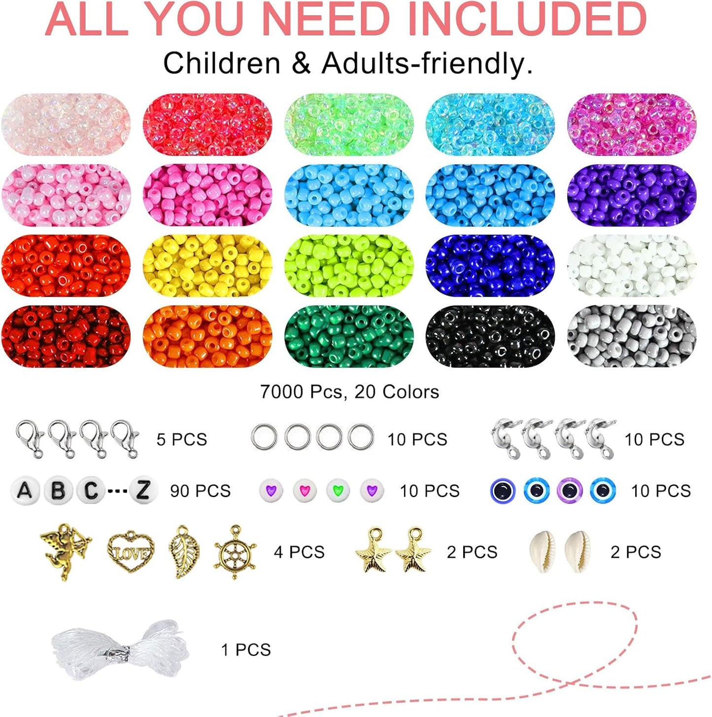 Redtwo 7200pcs 3mm Glass Seed Beads for Bracelet Making Kit, Friendship Jewelry Making Kit, Letter Beads with Elastic String, DIY Art Craft Girls Gifts.