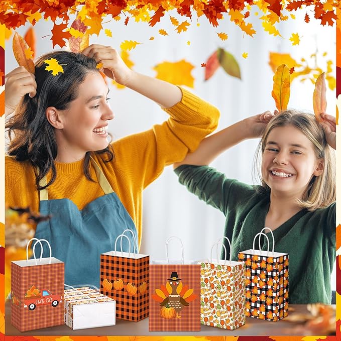 Glenmal 24 Pcs Thanksgiving Party Favors Bags Fall Gift Goodie Paper Bags with Handles Maple Leaf Pumpkin Pouch for Thanksgiving Party Decorations Supplies